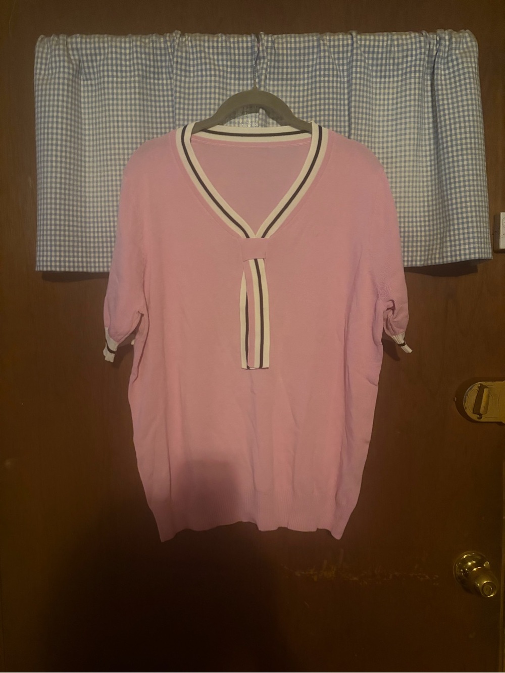 Pink Knit Top with Contrast Navy & White Trim
